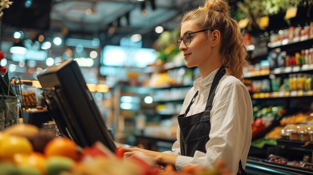 The staff  working at the supermarket as a cashier is diligent Working on handling customer payments and managing a branch.