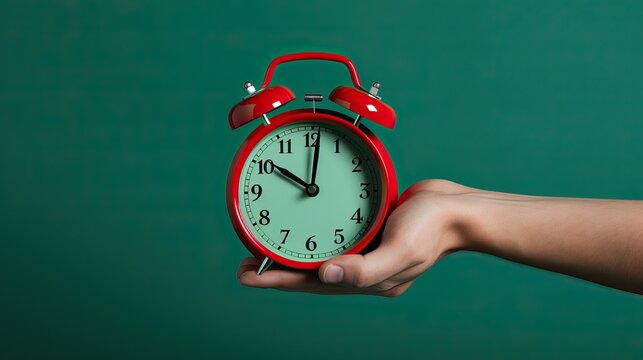 Time Management Concept: Red Round Classic Alarm Clock on Palm