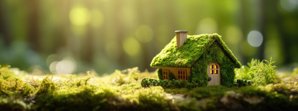 Miniature house covered with moss and greenery, set in a lush, mossy landscape with beams of sunlight filtering through the background.