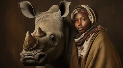 Gordijnen portrait of woman and african rhino with horn © Barosanu
