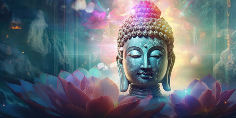 Glowing colorful jade buddha face with nature background