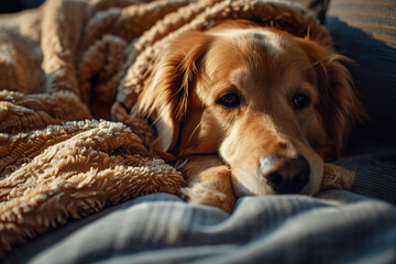 Golden Retriever snuggled in a cozy blanket during February.