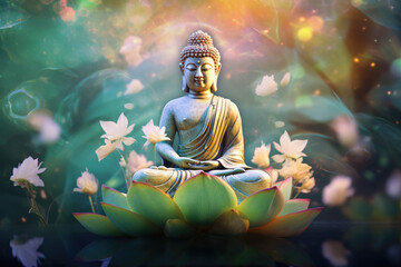 Glowing colorful jade buddha statue with nature background