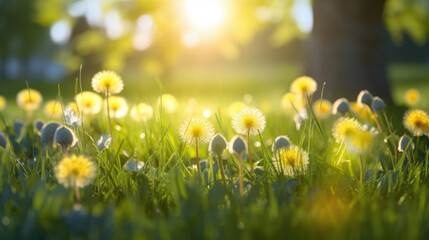 Field of dandelions bathed in the warm glow of sunlight with floating seeds in the air