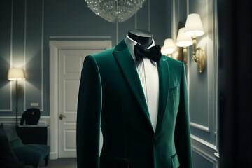 Mannequin wearing a green suit and bow tie in the room