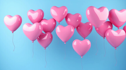 Pink heart shape balloons isolated on sky blue background. Valentine's Day card 