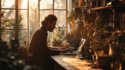 Fototapeta na wymiar Morning Productivity: A Man Engaged in Work with Laptop on the Table, Surrounded by the Tranquil Beauty of a Serene Morning View.