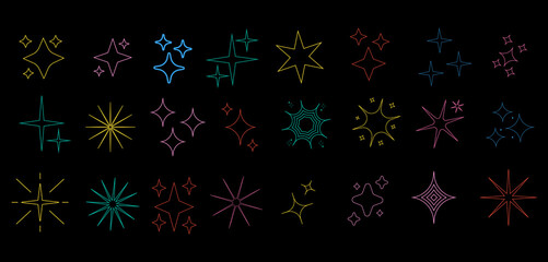 Abstract geometric retro stars big set. Modern trendy minimalist postmodern brutalist basic stars. Vector illustration on black background