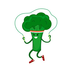 Cute broccoli jumping rope. Broccoli benefits for children. Healthy eating. Vegetarianism.