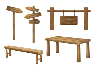 Wooden picnic table, benches for outdoor recreation. Family holidays and travel. A signpost with directional arrows. Signs for camping, nature parks, forests, hiking trails. Isolated illustration