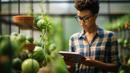Black woman in a plaid shirt, wearing glasses, looking at a tablet in her hands, with a background of green apples growing in an orchard or greenhouse. - obrazy, fototapety, plakaty