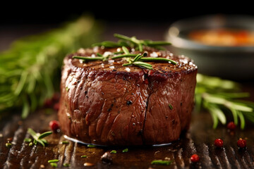 A close-up view of a prime filet mignon steak. (Generative AI) - obrazy, fototapety, plakaty