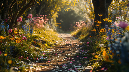 Dirt walk way with flowers in spring