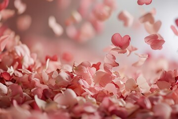 A cascade of delicate heart-shaped petals falling softly against a blush-colored background, creating a sense of tender romance.