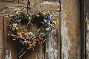 Artisan heart-shaped wreath made from dried flowers, herbs, and twigs, hanging on a rustic wooden door.