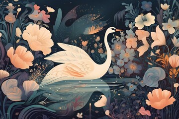 An illustration featuring a flower, butterfly, and swan against a lavish background. Generative AI