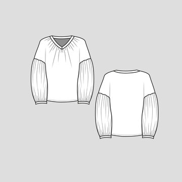 Lantern Sleeve Drop Shoulder Top V Neck Gathering Lantern Long Sleeve Fashion Blouse T Shirt Top Flat Sketch Technical Drawing Template Design Vector