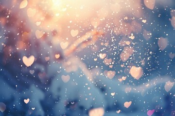 Glistening heart-shaped snowflakes gently falling against a soft, twilight winter sky, creating a serene and romantic atmosphere.