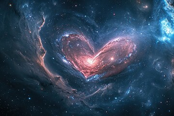 Glittering heart-shaped stars in a cosmic galaxy, with swirling nebulas and distant planets, inspiring awe and love.