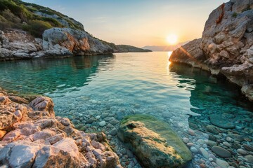 Heart-shaped pebble beach with crystal-clear turquoise waters, surrounded by cliffs and a sunset horizon.