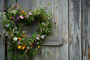 Fototapeta na wymiar Heart-shaped wreath of wildflowers and greenery against a faded wooden barn door, embodying rustic romance and charm.