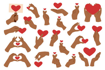 Set of black hands holding hearts isolated on white background. Love and care concept. Valentines day.	