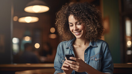 Cheerful woman wearing a blue denim shirt, looking at her smartphone with a bright smile on her face.