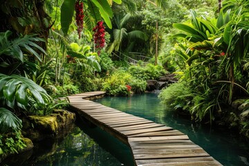 Serene heart-shaped lagoon hidden within a lush tropical rainforest, with a wooden footbridge and hanging orchids. - obrazy, fototapety, plakaty