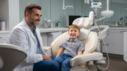 Portrait of smiling dentist and patient sitting in dental chair at clinic