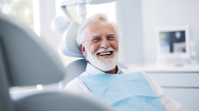 Elderly male patient with white hair is smiling and sitting in a dental chair