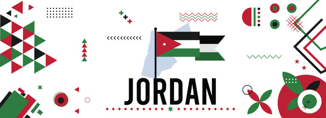 Jordan national or independence day banner for country celebration. Flag and map of Jordan modern retro design with typorgaphy abstract geometric icons. Vector illustration.	
 - obrazy, fototapety, plakaty
