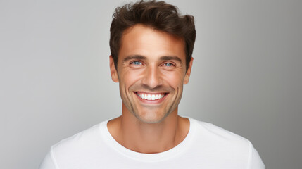 Studio portrait of a smiling man wearing a white T-shirt, exuding confidence and friendliness against a neutral gray background.