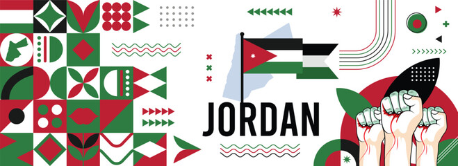 Jordan national or independence day banner for country celebration. Flag and map of Jordan with raised fists. Modern retro design with typorgaphy abstract geometric icons. Vector illustration	
