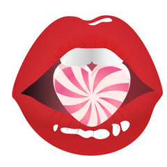 An illustration of red lips biting into a heart-shaped candy