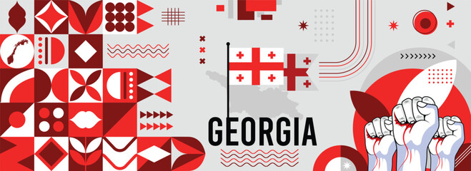 Georgia national or independence day banner for country celebration. Flag and map of Georgia with raised fists. Modern retro design with typorgaphy abstract geometric icons. Vector illustration	 - obrazy, fototapety, plakaty