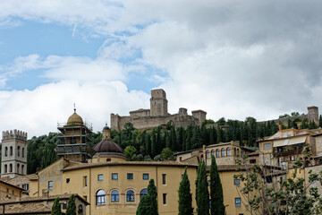 Fototapeta na wymiar Assisi in Italy. City known for the birthplace of San Francesco, Patron Saint of Italy. The basilicas of San Francesco and Santa Chiara are visited by Christians and tourists. Pope's Jubilee to see