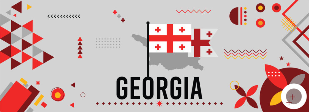 Georgia national or independence day banner for country celebration. Flag and map of Norway with raised fists. Modern retro design with Georgia abstract geometric icons. Vector illustration.
