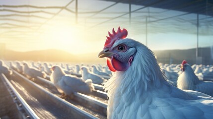 White chicken on a poultry farm in the sun. 3d rendering