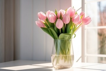 Pink flowers in glass vase on the window sill, daylight pours from the window