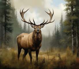 a large elk with large antlers standing in a forest