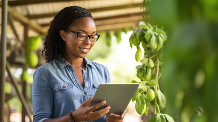 Fototapeta premium Black woman in a plaid shirt, wearing glasses, looking at a tablet in her hands, with a background of green apples growing in an orchard or greenhouse.