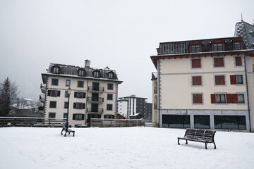 December snowfall in Chamonix Centre-ville, French alps resort, Haute Savoie , France