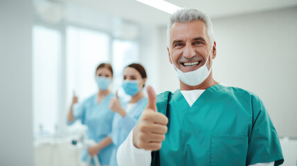 Obraz premium Healthcare professional in the foreground giving a thumbs-up and wearing a surgical mask, with a colleague in the background doing the same, both in a clinical setting.