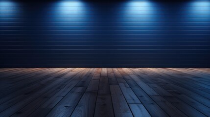wood floor with dark black wall with blue lighting