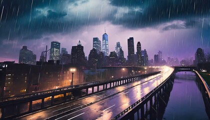 Fototapeta premium An illustration of a cityscape with skyscrapers standing in the rain.