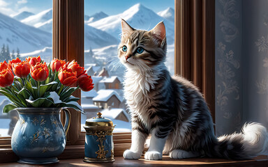 A kitten is sitting on the windowsill next to a bouquet of flowers.	
 - obrazy, fototapety, plakaty