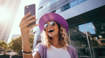 Cheerful woman in a summer outfit holding a smartphone in her hand