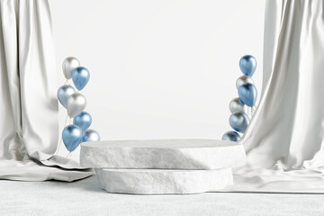 Stone product display podium with blue balloons and fabric on white background. Celebration concept 3D rendering