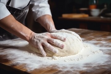 Obraz na płótnie Canvas A baker kneads dough on a floured surface, preparing to create delicious bread or pastries, with the aroma of freshly baked goods filling the kitchen, depth of field control method, manga, 4K