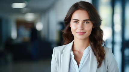 a business woman in light cream, beautiful confident woman in office with blurred staff working background, Generative AI